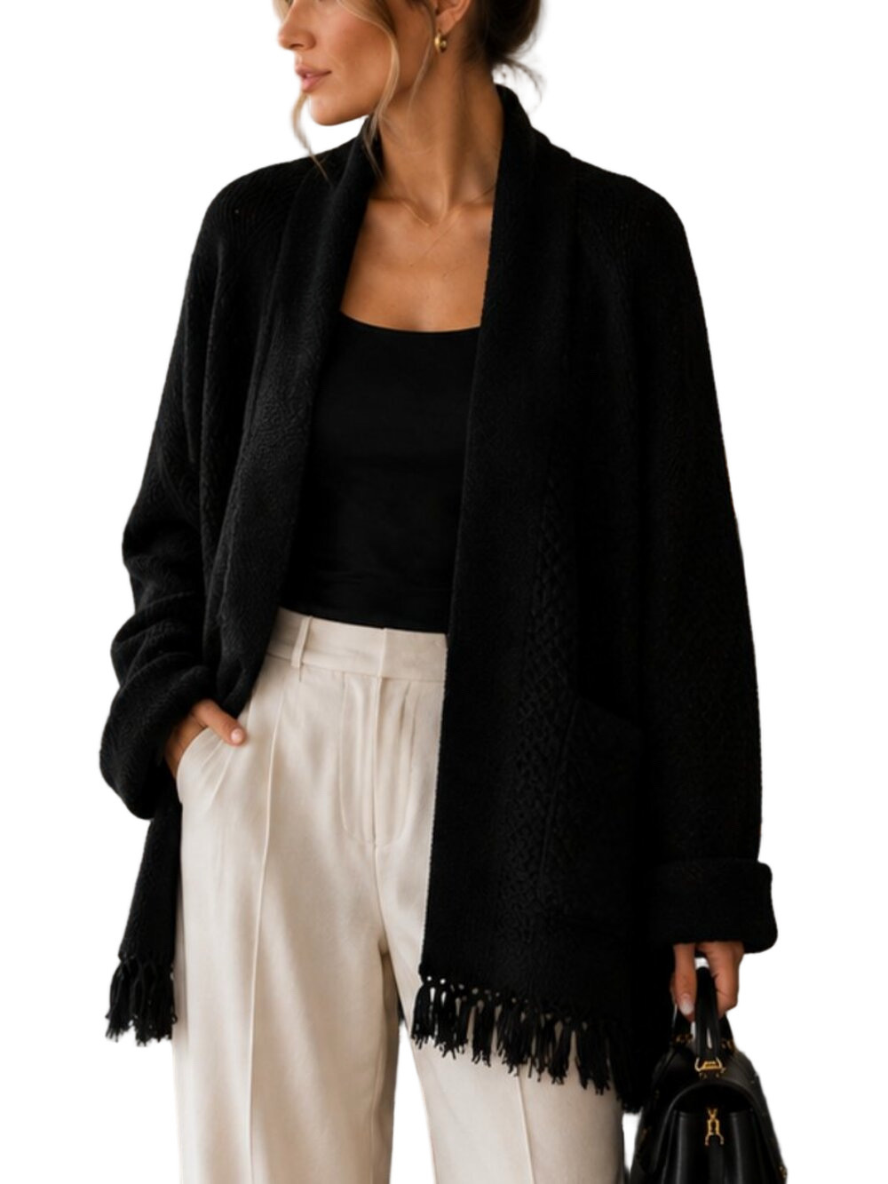 Lilly Pulitzer Tantum Fringe Cardigan XXL | Black Open Front Knit Sweater